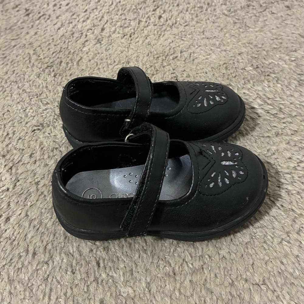 Cherokee Black Mary Jane Velcro Dress Shoes with Butterfly Design Girl Size 5